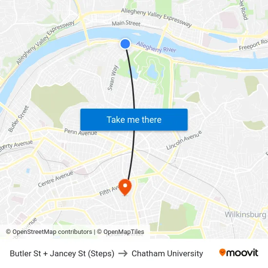 Butler St + Jancey St (Steps) to Chatham University map