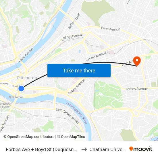 Forbes Ave + Boyd St (Duquesne Univ) to Chatham University map