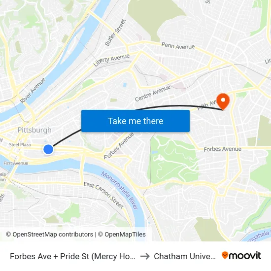 Forbes Ave + Pride St (Mercy Hospital) to Chatham University map