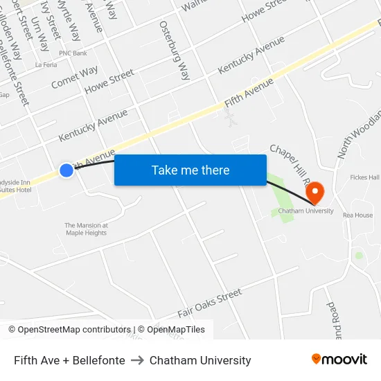 Fifth Ave + Bellefonte to Chatham University map