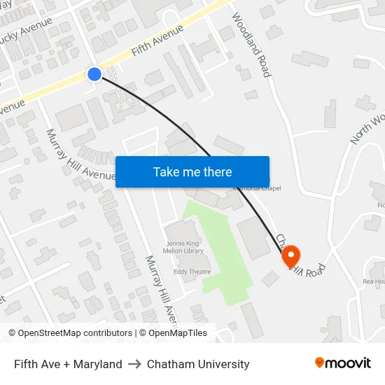 Fifth Ave + Maryland to Chatham University map