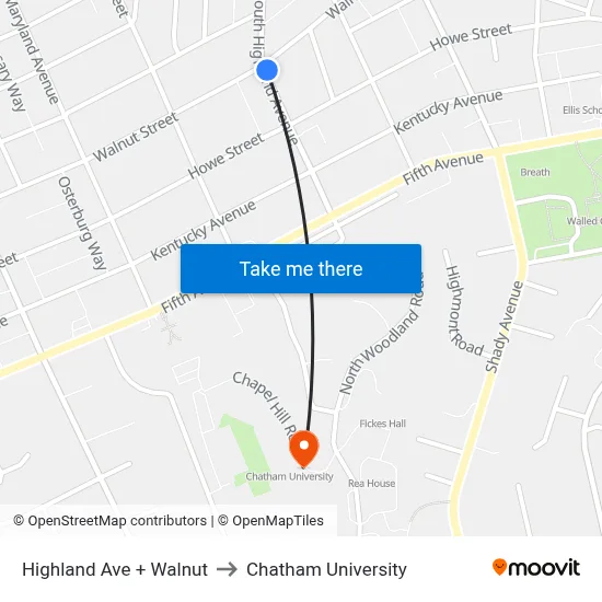 Highland Ave + Walnut to Chatham University map