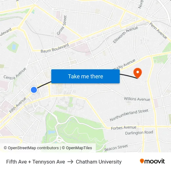 Fifth Ave + Tennyson Ave to Chatham University map