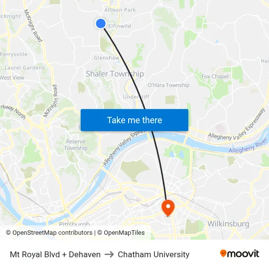 Mt Royal Blvd + Dehaven to Chatham University map