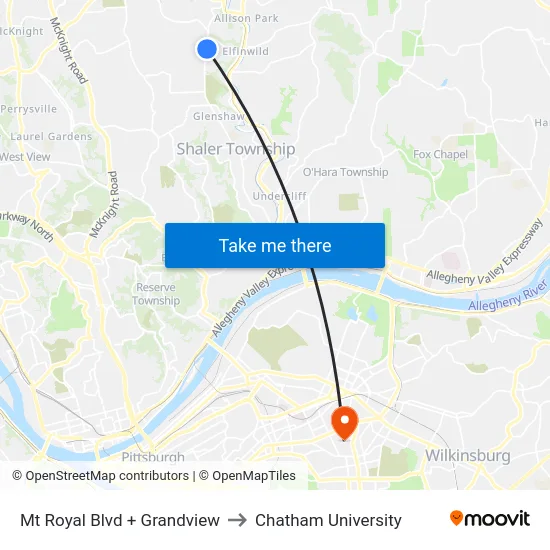 Mt Royal Blvd + Grandview to Chatham University map
