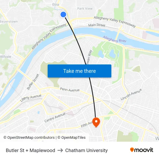 Butler St + Maplewood to Chatham University map