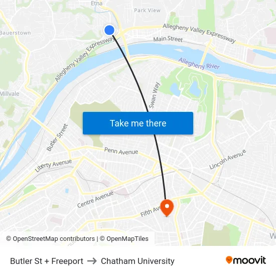 Butler St + Freeport to Chatham University map