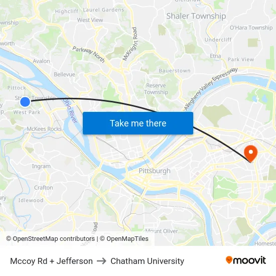 Mccoy Rd + Jefferson to Chatham University map