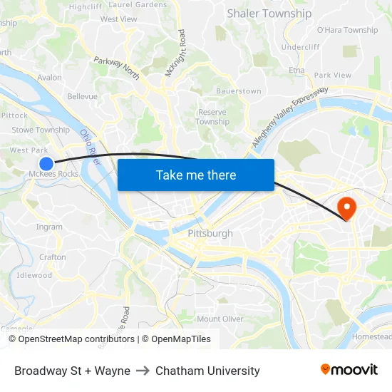 Broadway St + Wayne to Chatham University map