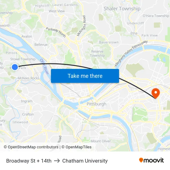 Broadway St + 14th to Chatham University map