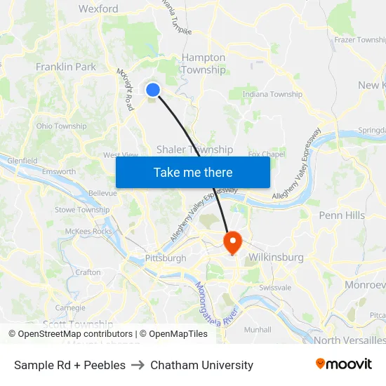 Sample Rd + Peebles to Chatham University map
