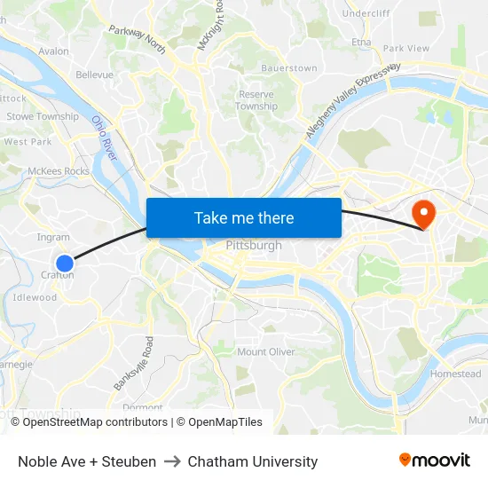 Noble Ave + Steuben to Chatham University map