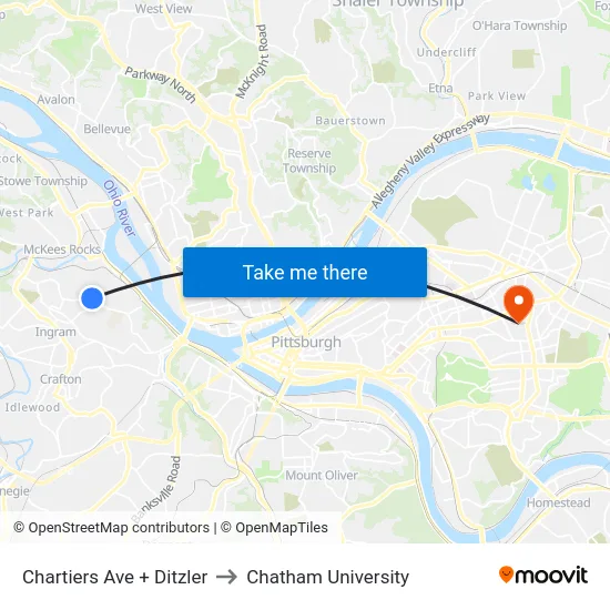 Chartiers Ave + Ditzler to Chatham University map