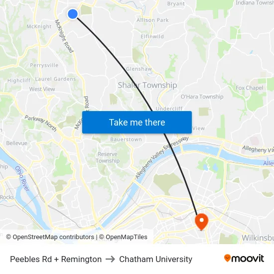 Peebles Rd + Remington to Chatham University map