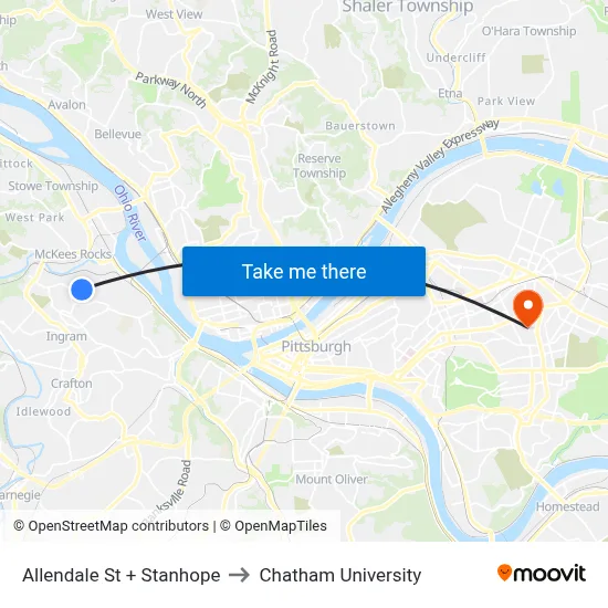 Allendale St + Stanhope to Chatham University map