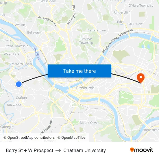 Berry St + W Prospect to Chatham University map