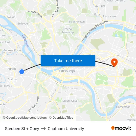 Steuben St + Obey to Chatham University map