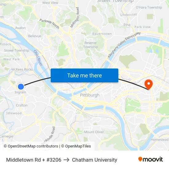 Middletown Rd + #3206 to Chatham University map