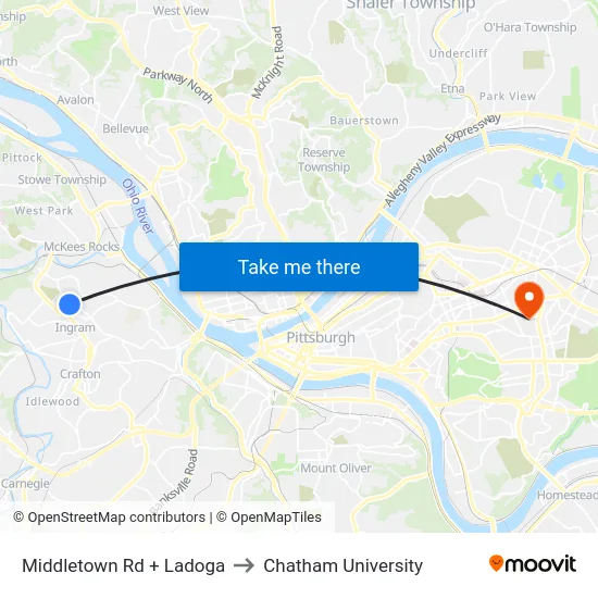 Middletown Rd + Ladoga to Chatham University map