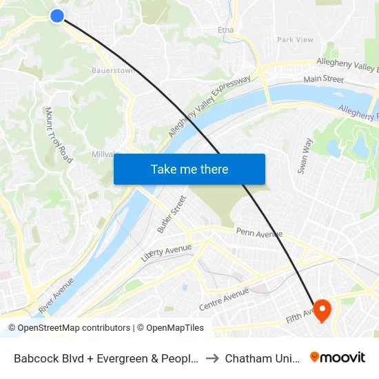 Babcock Blvd + Evergreen & Peoples Plank Rd to Chatham University map