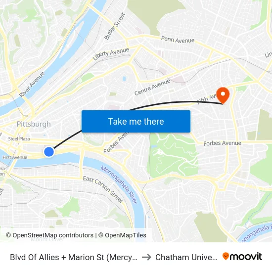 Blvd Of Allies + Marion St (Mercy Hosp) to Chatham University map