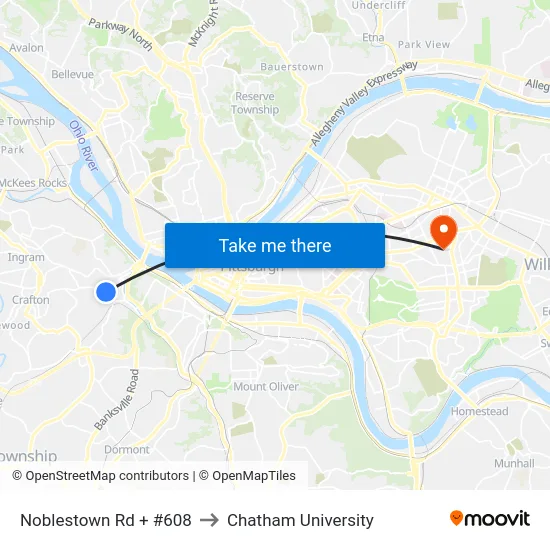 Noblestown Rd + #608 to Chatham University map