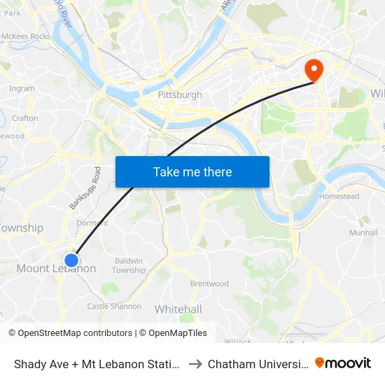 Shady Ave + Mt Lebanon Station to Chatham University map