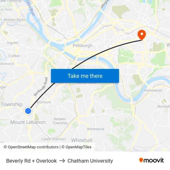 Beverly Rd + Overlook to Chatham University map