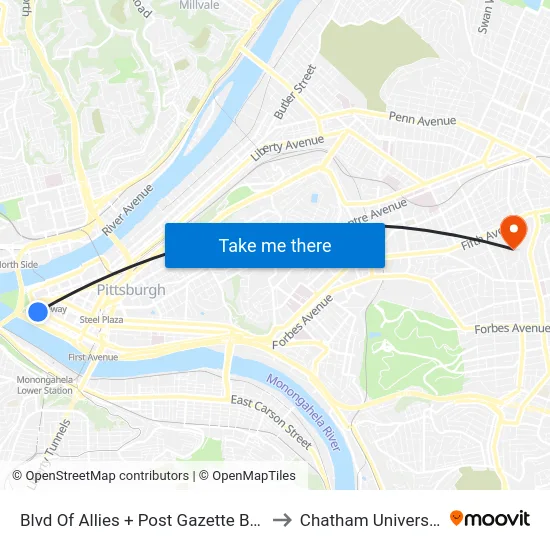 Blvd Of Allies + Post Gazette Bldg to Chatham University map
