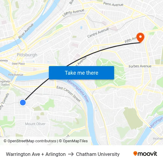 Warrington Ave + Arlington to Chatham University map