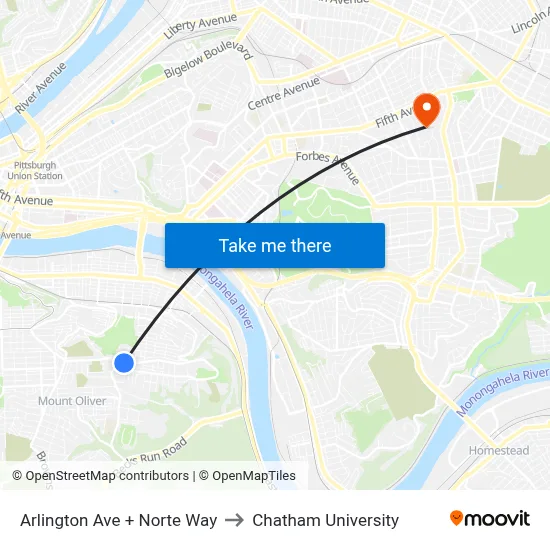 Arlington Ave + Norte Way to Chatham University map