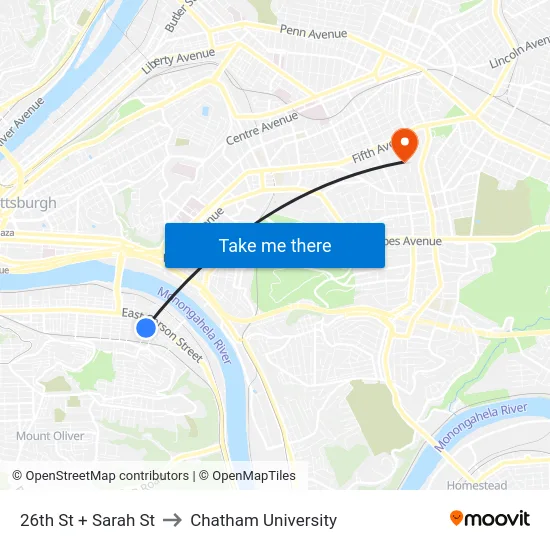 26th St + Sarah St to Chatham University map