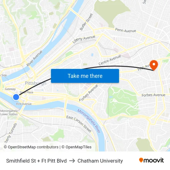 Smithfield St + Ft Pitt Blvd to Chatham University map