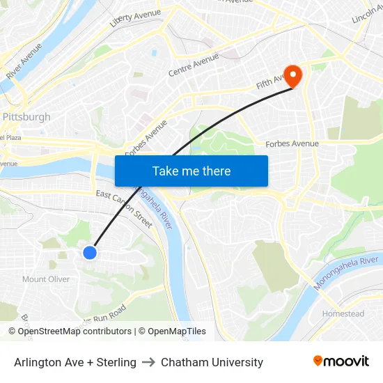 Arlington Ave + Sterling to Chatham University map