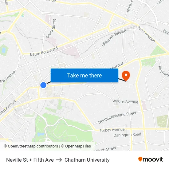 Neville St + Fifth Ave to Chatham University map