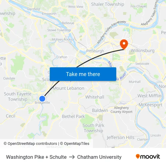 Washington Pike + Schulte to Chatham University map
