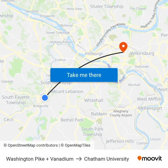Washington Pike + Vanadium to Chatham University map