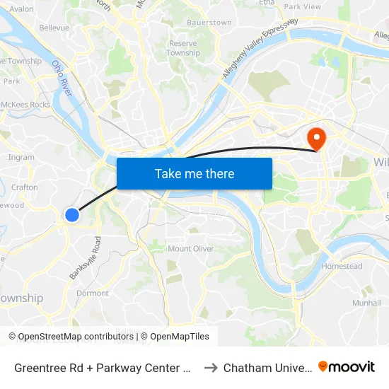 Greentree Rd + Parkway Center Dr South to Chatham University map