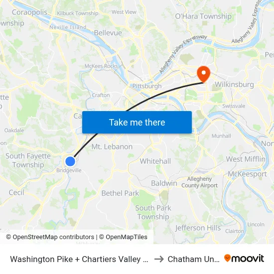 Washington Pike + Chartiers Valley Shopping Center to Chatham University map