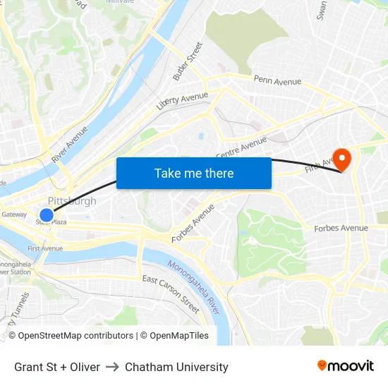 Grant St + Oliver to Chatham University map