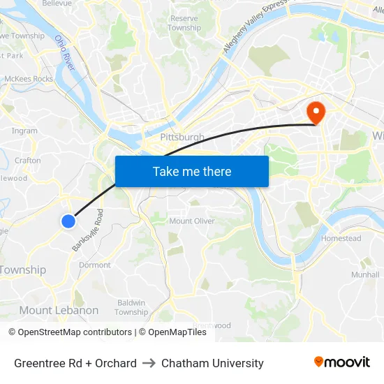 Greentree Rd + Orchard to Chatham University map