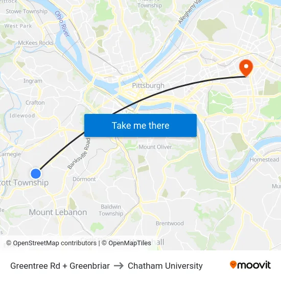 Greentree Rd + Greenbriar to Chatham University map