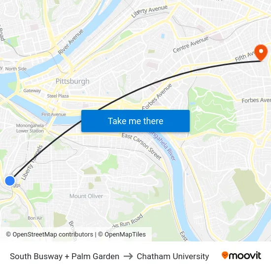 South Busway + Palm Garden to Chatham University map