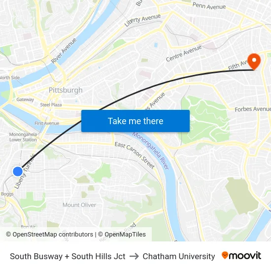 South Busway + South Hills Jct to Chatham University map