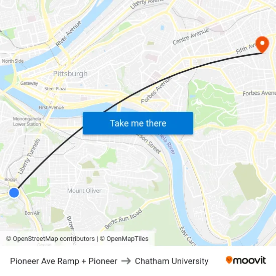 Pioneer Ave Ramp + Pioneer to Chatham University map