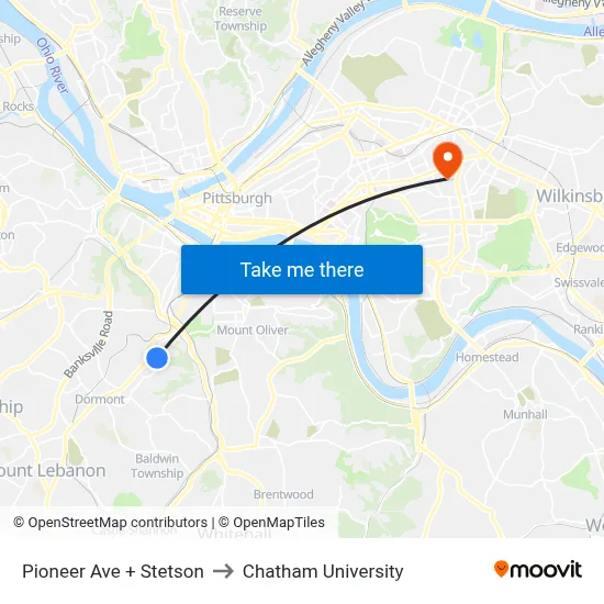 Pioneer Ave + Stetson to Chatham University map