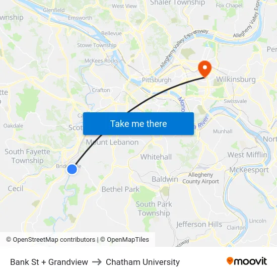 Bank St + Grandview to Chatham University map
