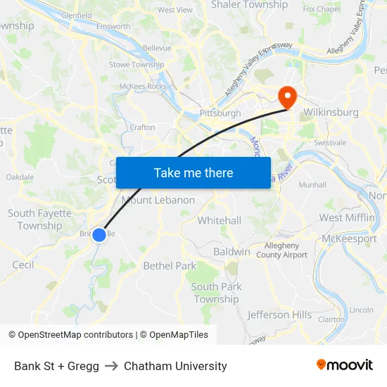 Bank St + Gregg to Chatham University map