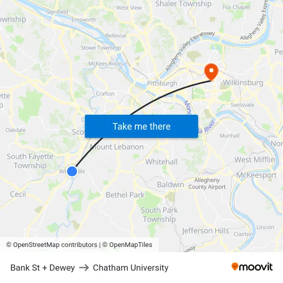 Bank St + Dewey to Chatham University map