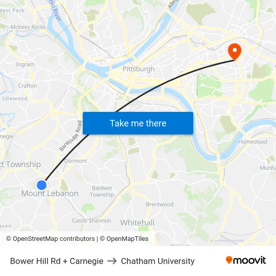 Bower Hill Rd + Carnegie to Chatham University map